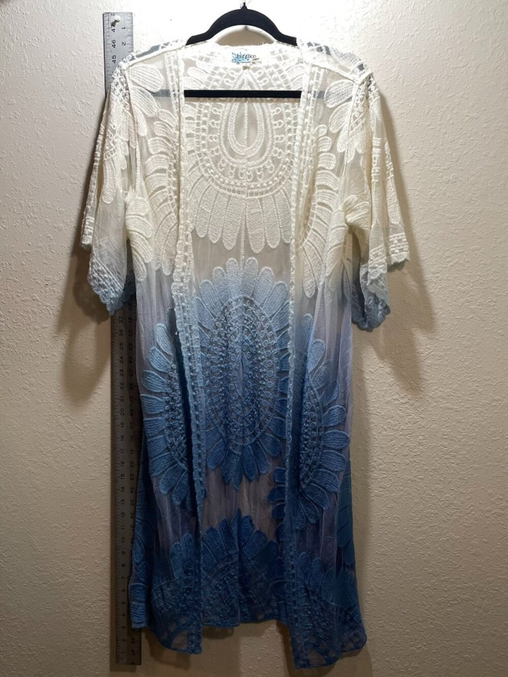 Rebellion Again Duster 3/4 Sleeve Boho Lace Blue Ombre Sheer Kimono - Large